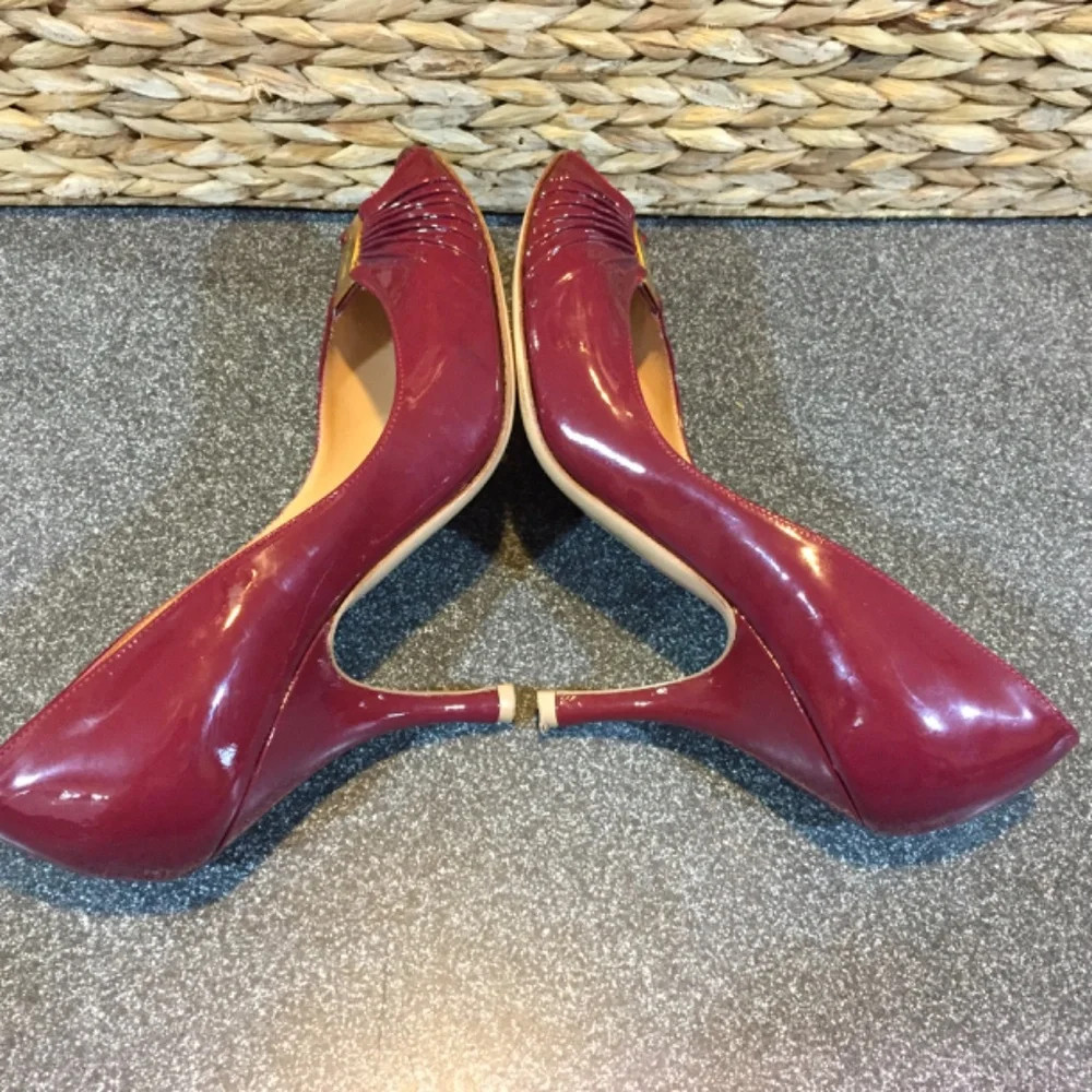 Salvatore Ferragamo Burgundy Patent Peep-Toe Heels with Gold Accent
